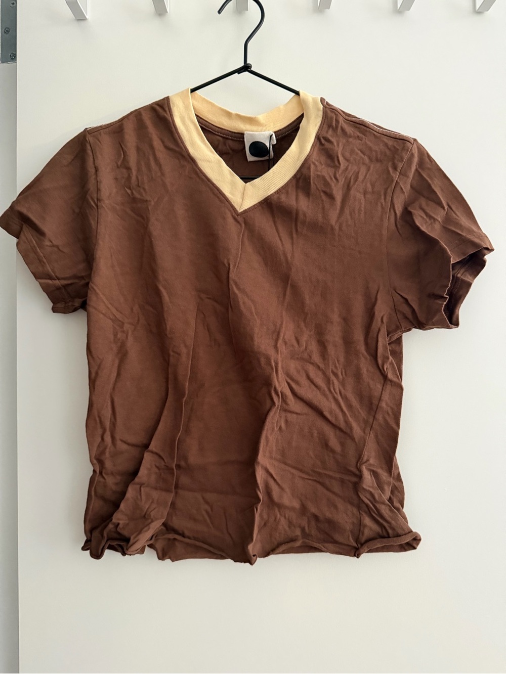Brown V‑Neck Tee with Cream Trim